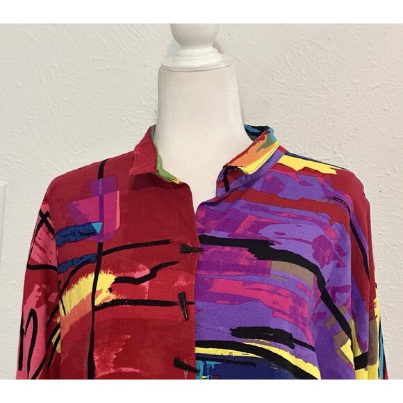 Ali Miles Size PL Multi Abstract Print Button Down Linen Blend Top Art To Wear - Picture 4 of 13